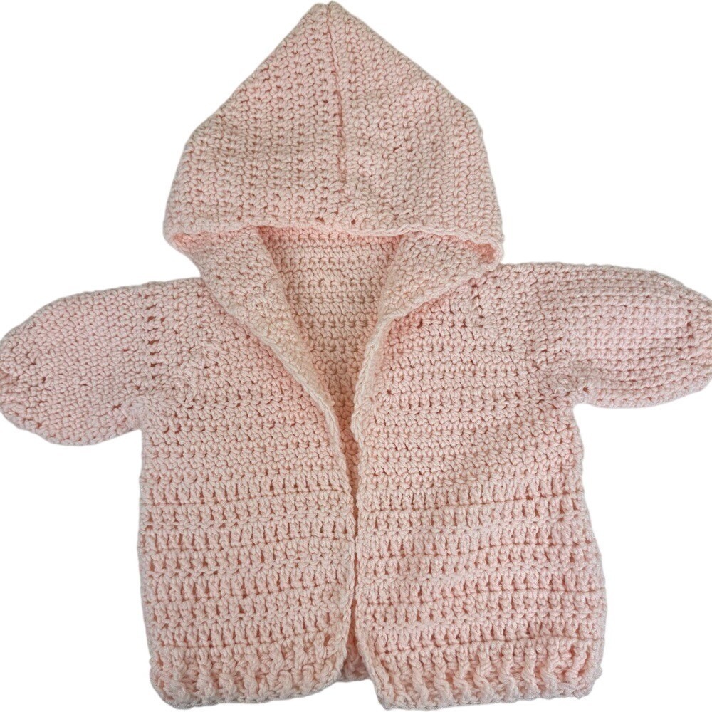 Vintage Handmade Baby Cardigan  Crochet Peach Sweater Cottagecore Infant SZ 6-18